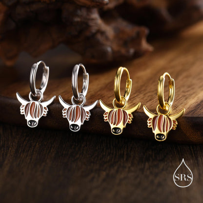 Sterling Silver Enamel Highland Cow Huggie Hoops, Finish Available in Silver or Gold Finish, Highland Cow Earrings, Detachable Hoops