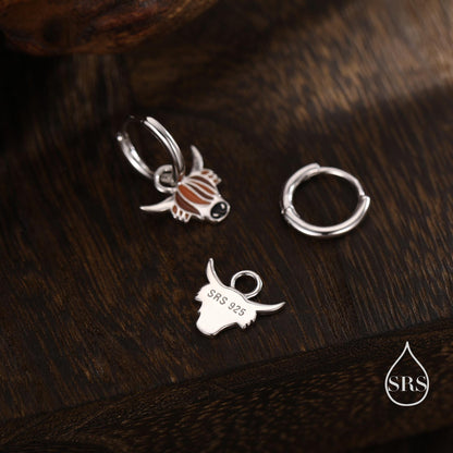 Sterling Silver Enamel Highland Cow Huggie Hoops, Finish Available in Silver or Gold Finish, Highland Cow Earrings, Detachable Hoops