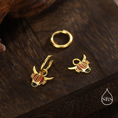 Sterling Silver Enamel Highland Cow Huggie Hoops, Finish Available in Silver or Gold Finish, Highland Cow Earrings, Detachable Hoops