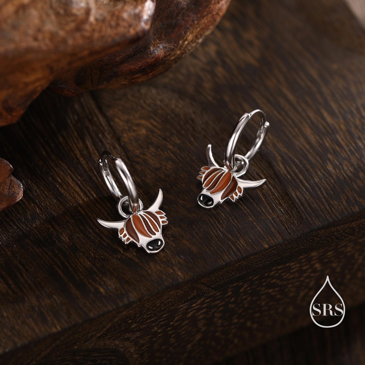 Sterling Silver Enamel Highland Cow Huggie Hoops, Finish Available in Silver or Gold Finish, Highland Cow Earrings, Detachable Hoops