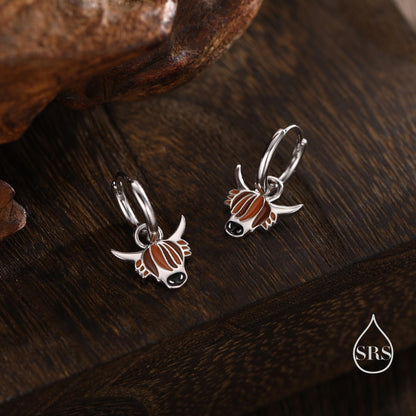 Sterling Silver Enamel Highland Cow Huggie Hoops, Finish Available in Silver or Gold Finish, Highland Cow Earrings, Detachable Hoops