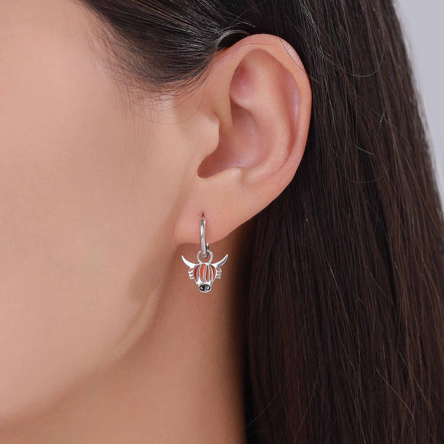 Sterling Silver Enamel Highland Cow Huggie Hoops, Finish Available in Silver or Gold Finish, Highland Cow Earrings, Detachable Hoops