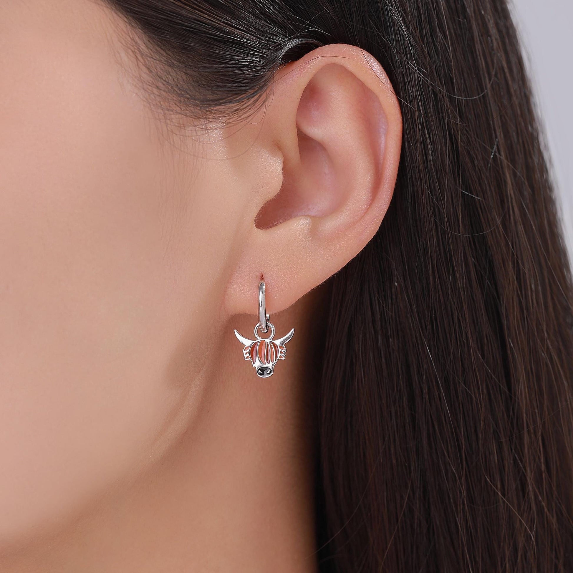 Sterling Silver Enamel Highland Cow Huggie Hoops, Finish Available in Silver or Gold Finish, Highland Cow Earrings, Detachable Hoops
