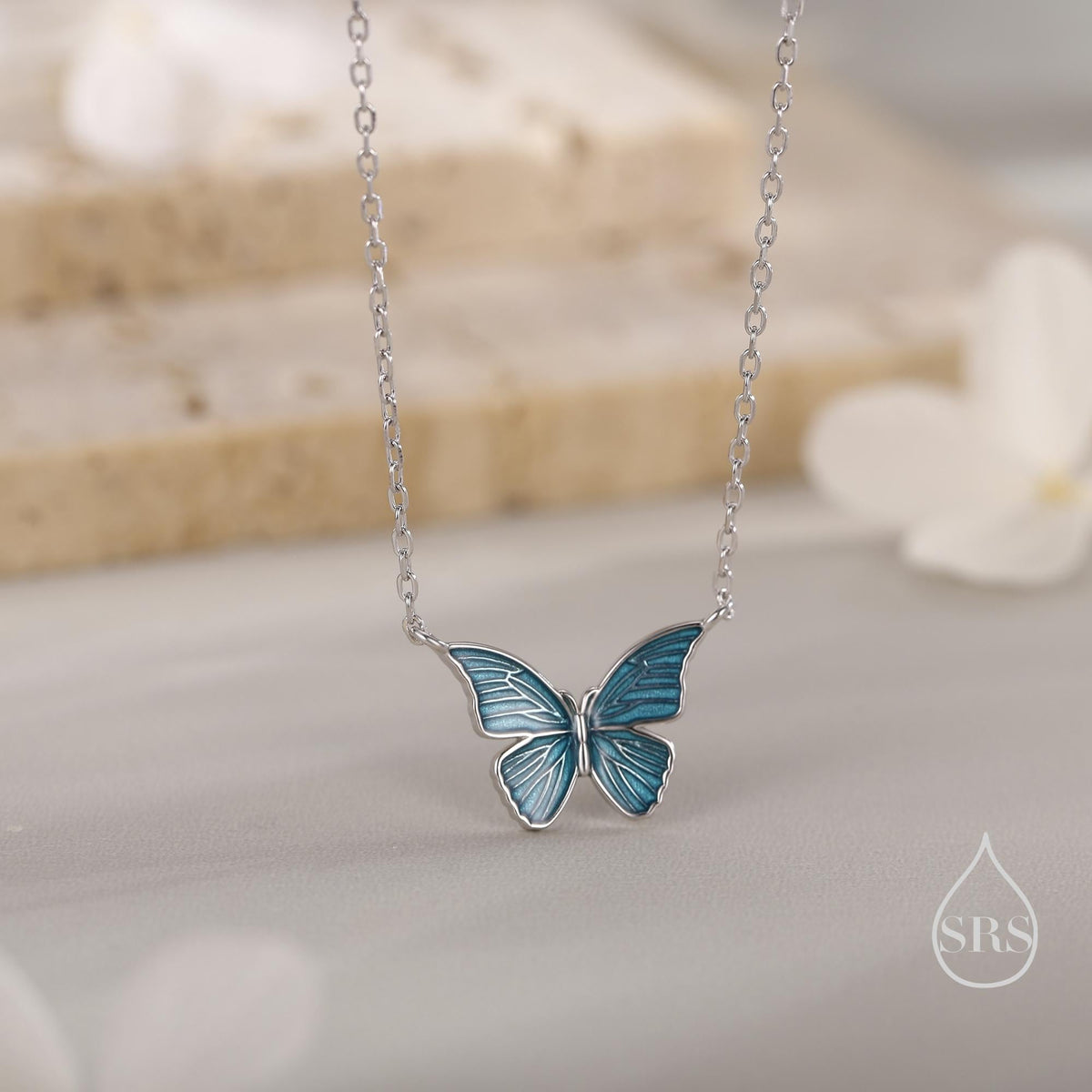 Blue Enamel Butterfly Pendant Necklace in Sterling Silver, Silver Butterfly Necklace, Animal Jewellery by Silver Rain Silver