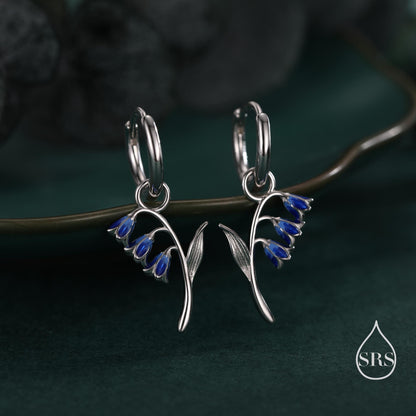 Sterling Silver Bluebell Flower Huggie Hoop Earrings with Enamel, Tiny Dainty Dangle Bluebell Flower Hoop Earrings, Detachable Charm Hoops