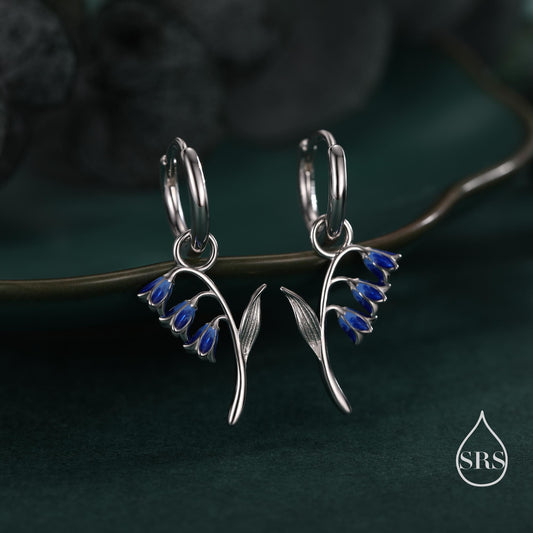 Sterling Silver Bluebell Flower Huggie Hoop Earrings with Enamel, Tiny Dainty Dangle Bluebell Flower Hoop Earrings, Detachable Charm Hoops