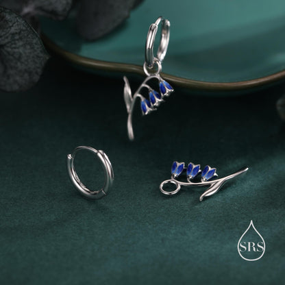 Sterling Silver Bluebell Flower Huggie Hoop Earrings with Enamel, Tiny Dainty Dangle Bluebell Flower Hoop Earrings, Detachable Charm Hoops