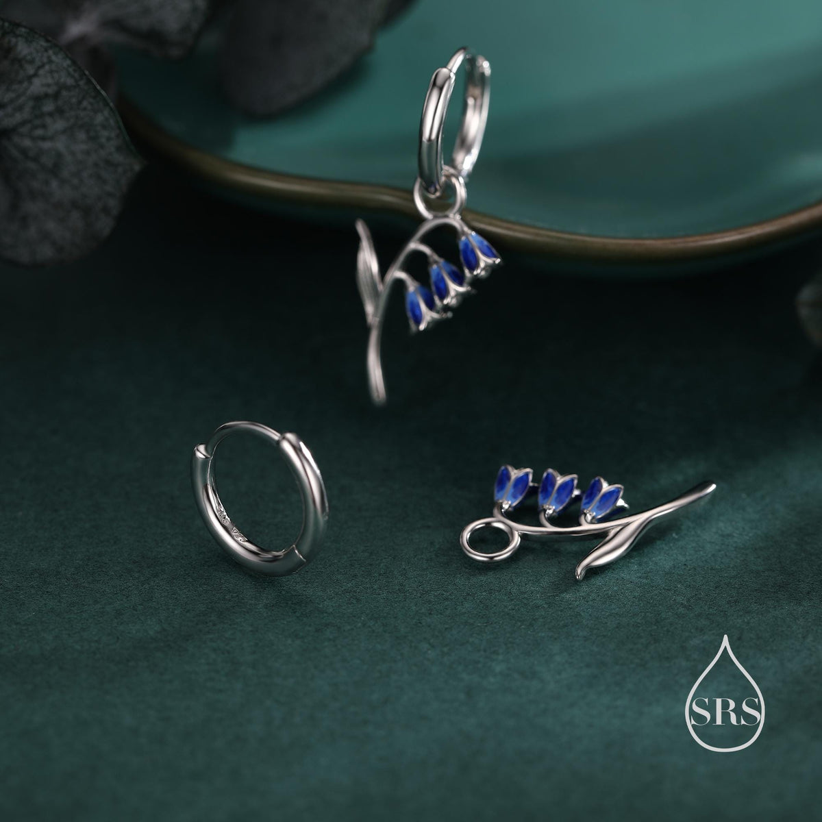 Sterling Silver Bluebell Flower Huggie Hoop Earrings with Enamel, Tiny Dainty Dangle Bluebell Flower Hoop Earrings, Detachable Charm Hoops