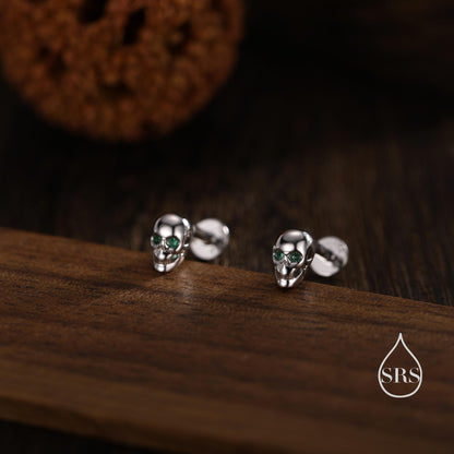 Extra Tiny Skull Screw Back Earrings in Sterling Silver with Emerald Green CZ - Gold or Silver - Skull Earrings - Petite Screwback Barbell