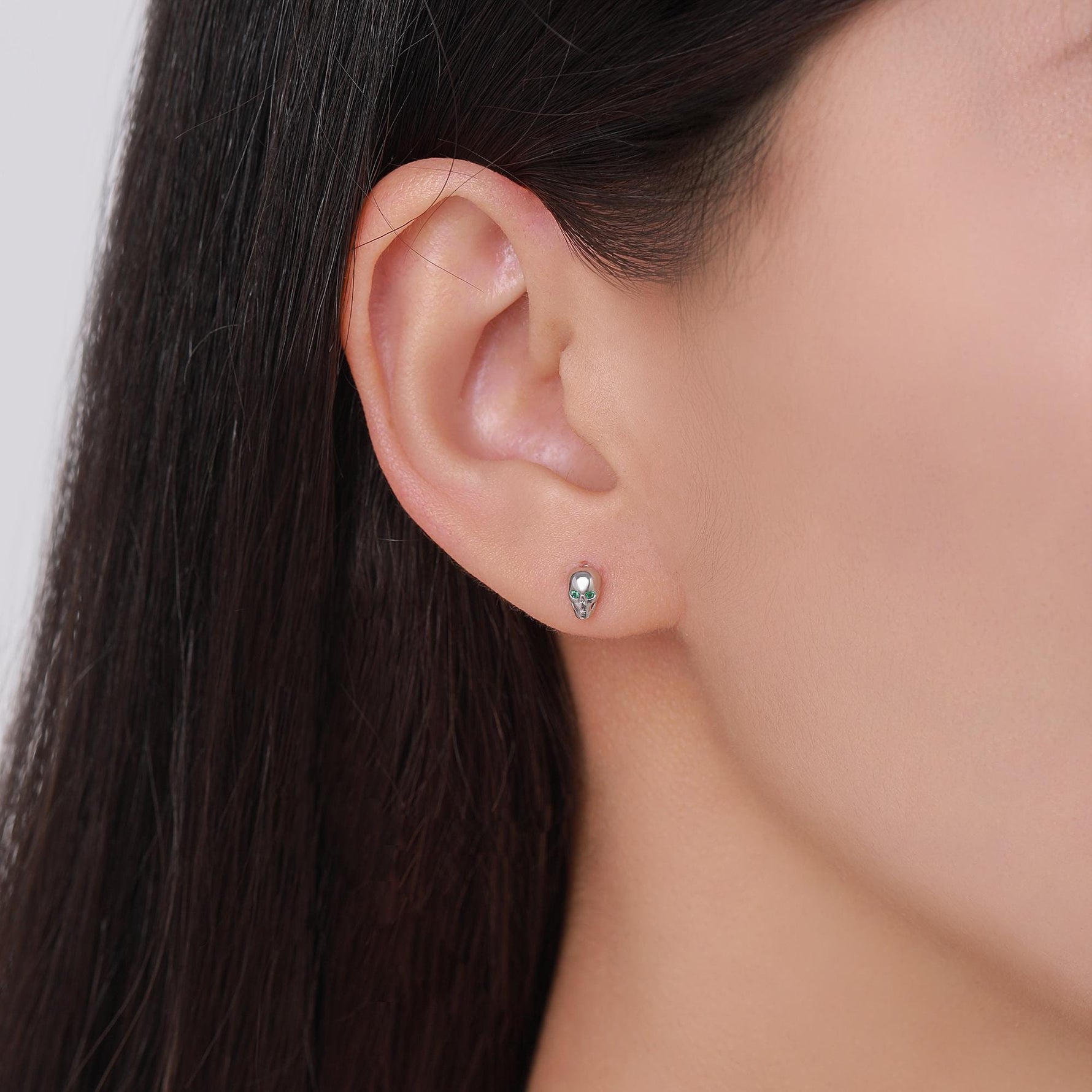 Extra Tiny Skull Internally Threaded Flat Back/Stud/Screw Back Earrings in Sterling Silver with Emerald Green CZ - Gold or Silver, Petite