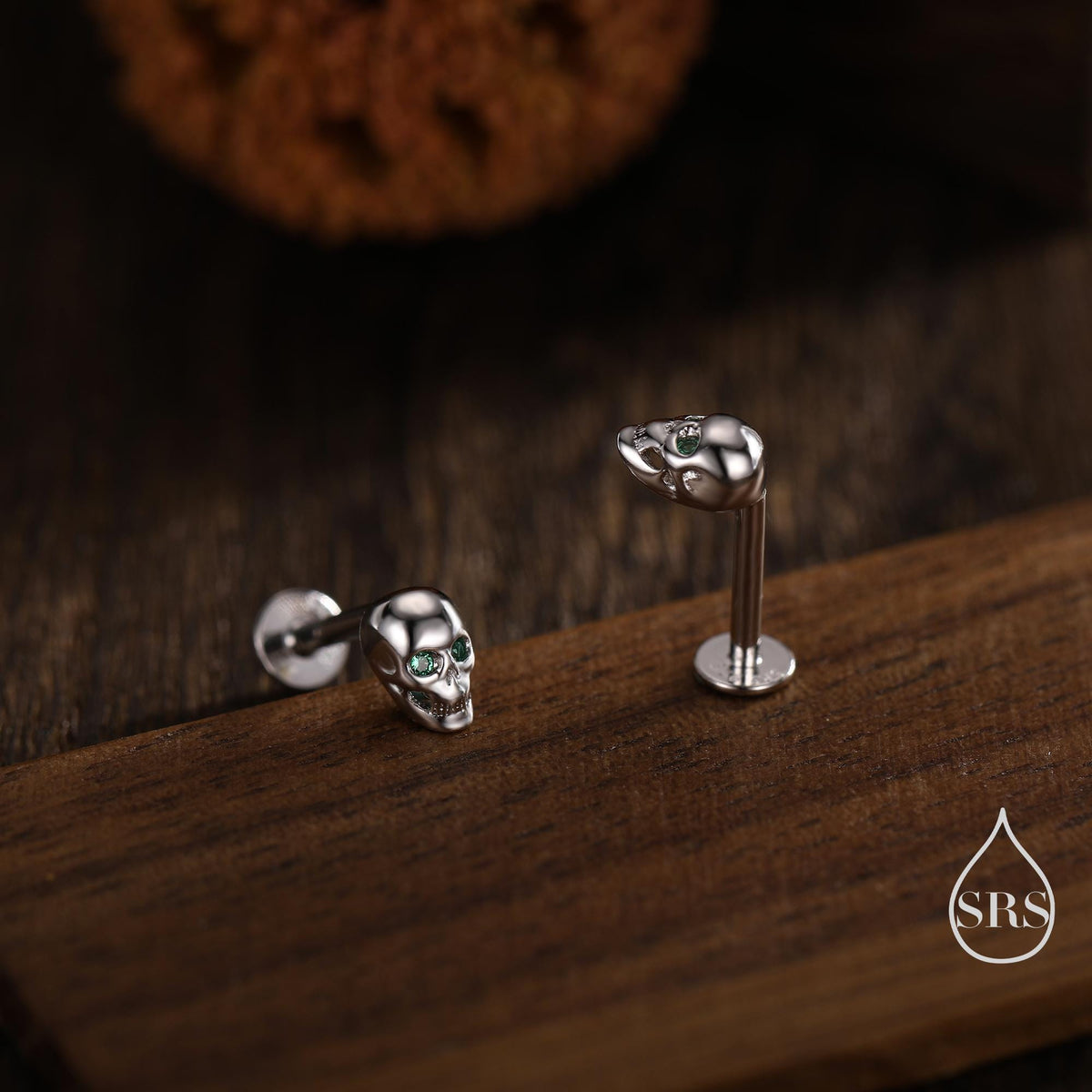 Extra Tiny Skull Internally Threaded Flat Back/Stud/Screw Back Earrings in Sterling Silver with Emerald Green CZ - Gold or Silver, Petite
