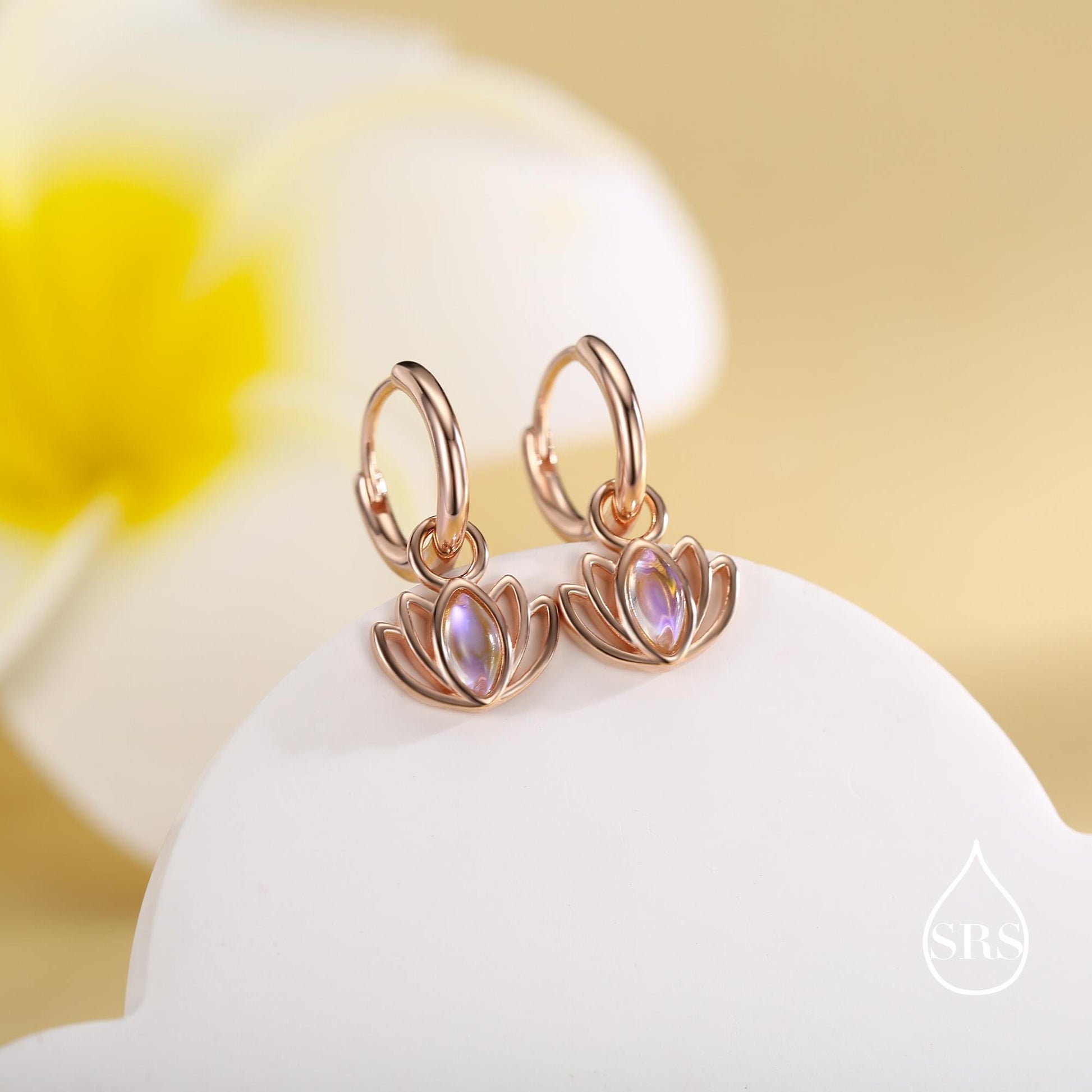 Sterling Silver Lotus Flower Huggie Hoop Earrings with Lab Moonstone, Silver or Gold or Rose Gold, Lotus Earrings, Detachable Charm Hoops