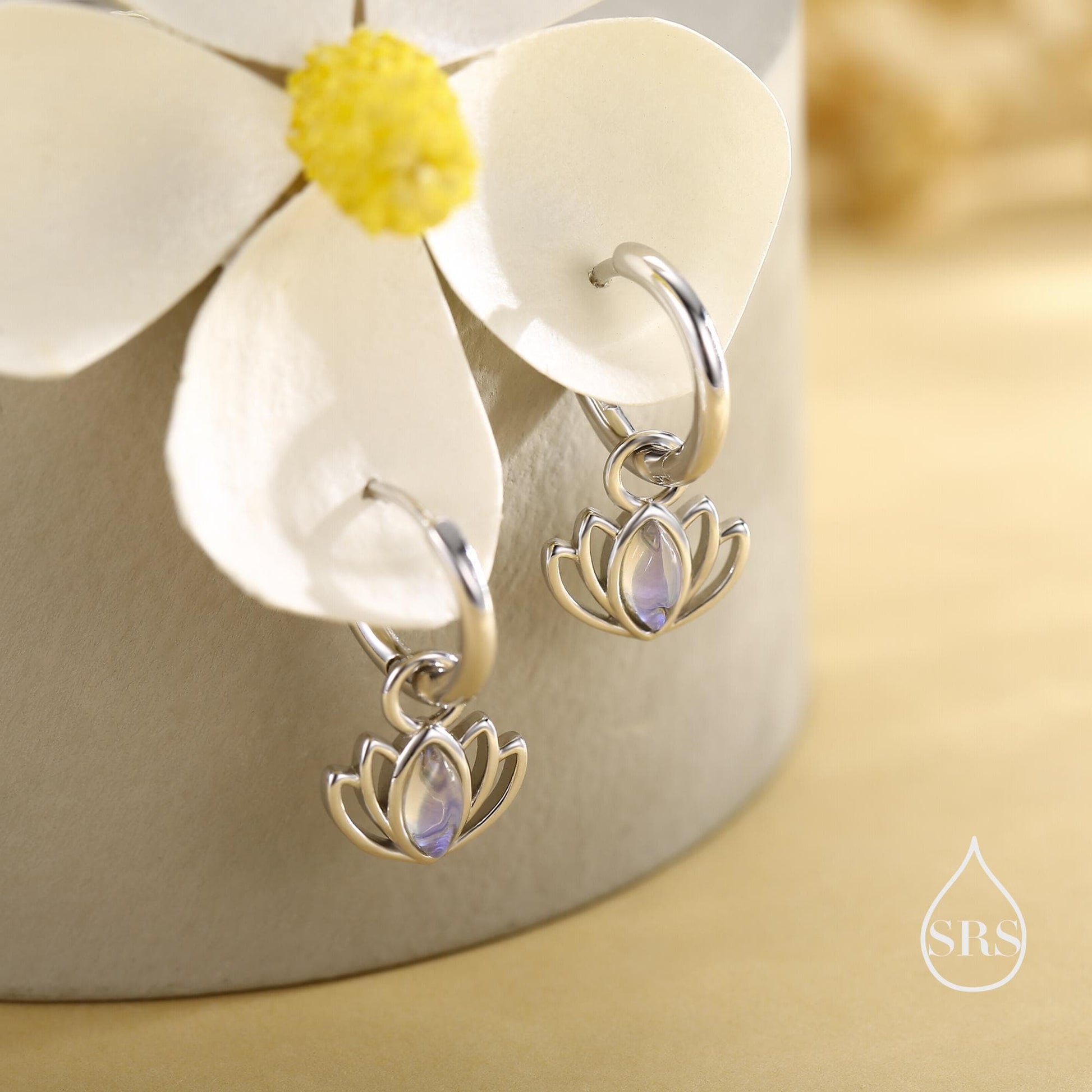 Sterling Silver Lotus Flower Huggie Hoop Earrings with Lab Moonstone, Silver or Gold or Rose Gold, Lotus Earrings, Detachable Charm Hoops