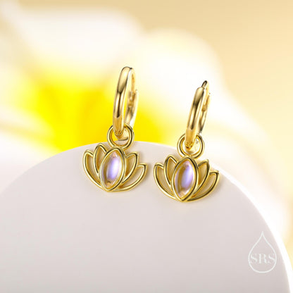 Sterling Silver Lotus Flower Huggie Hoop Earrings with Lab Moonstone, Silver or Gold or Rose Gold, Lotus Earrings, Detachable Charm Hoops