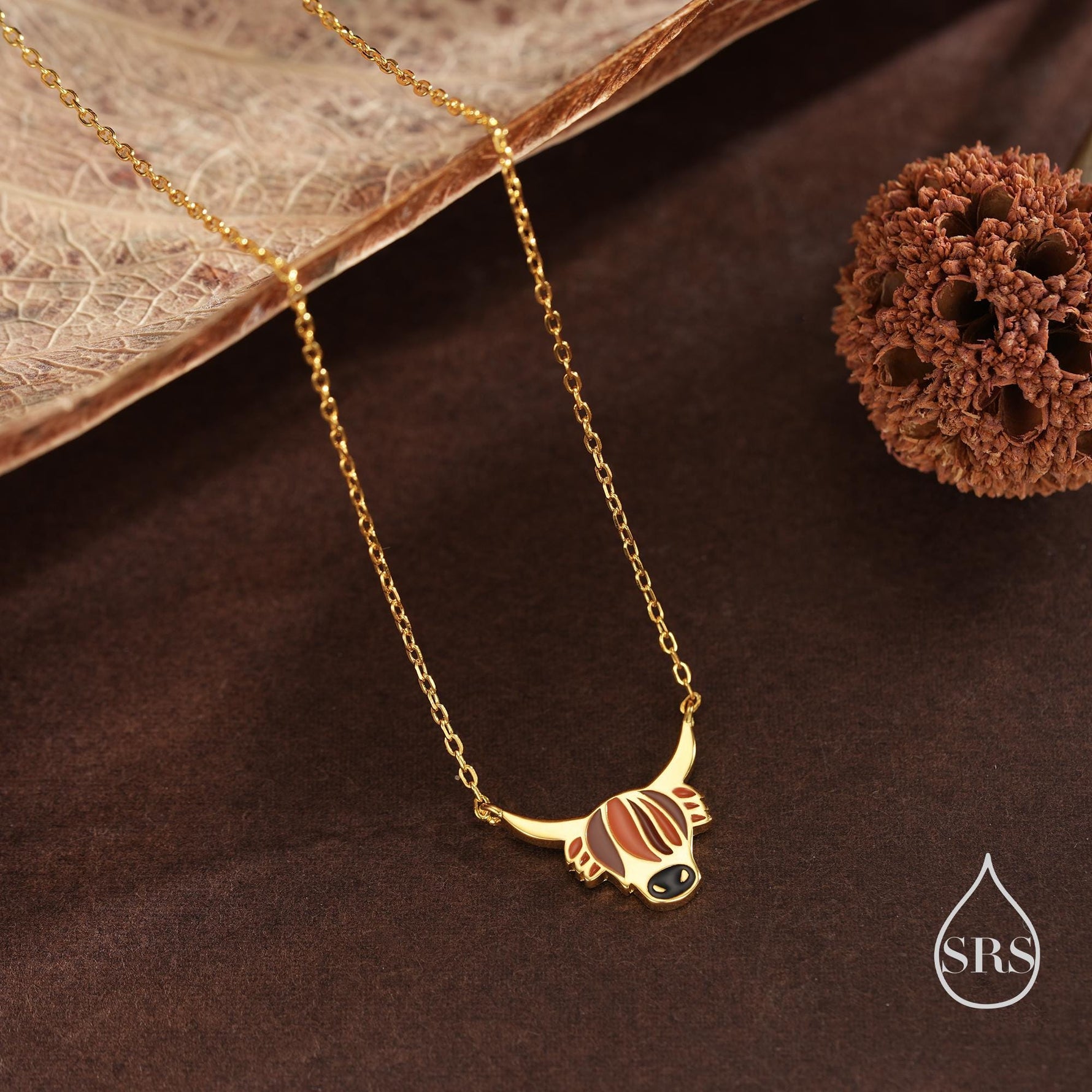 Sterling Silver Enamel Highland Cow Head Pendant Necklace, Silver or Gold Finish, Delicate Highland Cow Necklace, Scottish Jewellery