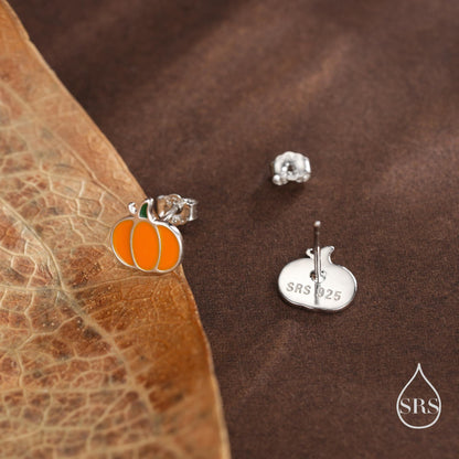 Enamel Pumpkin Stud Earrings in Sterling Silver, Silver, Gold or Rose Gold, Tiny Pumpkin Earrings, Halloween Earrings