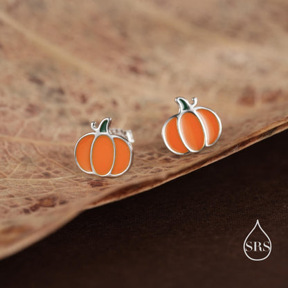 Enamel Pumpkin Stud Earrings in Sterling Silver, Silver, Gold or Rose Gold, Tiny Pumpkin Earrings, Halloween Earrings