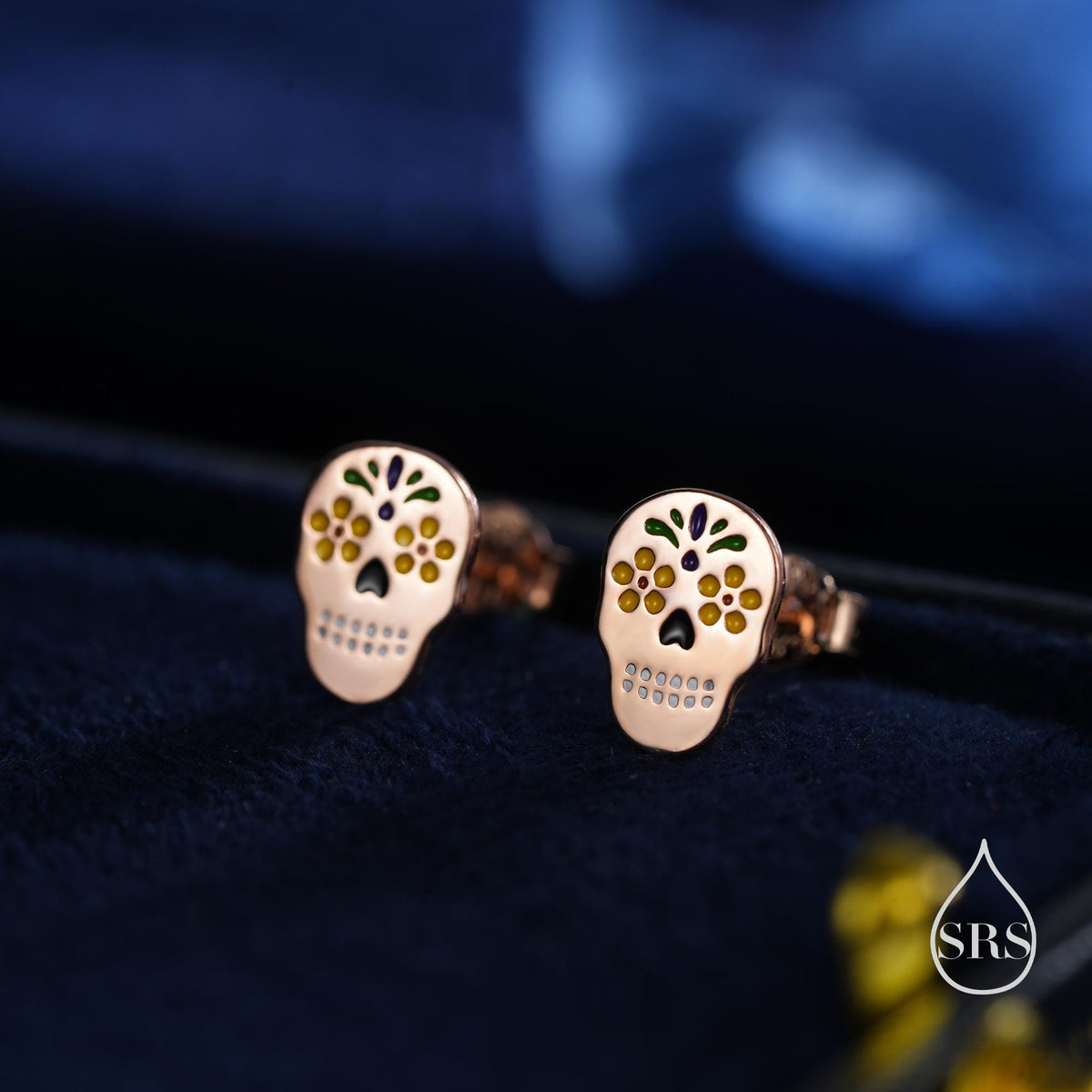 Enamel Sugar Skull Stud Earrings in Sterling Silver, Silver, Gold or Rose Gold, Sugar Skull Earrings, Day of the Dead Earrings, Halloween
