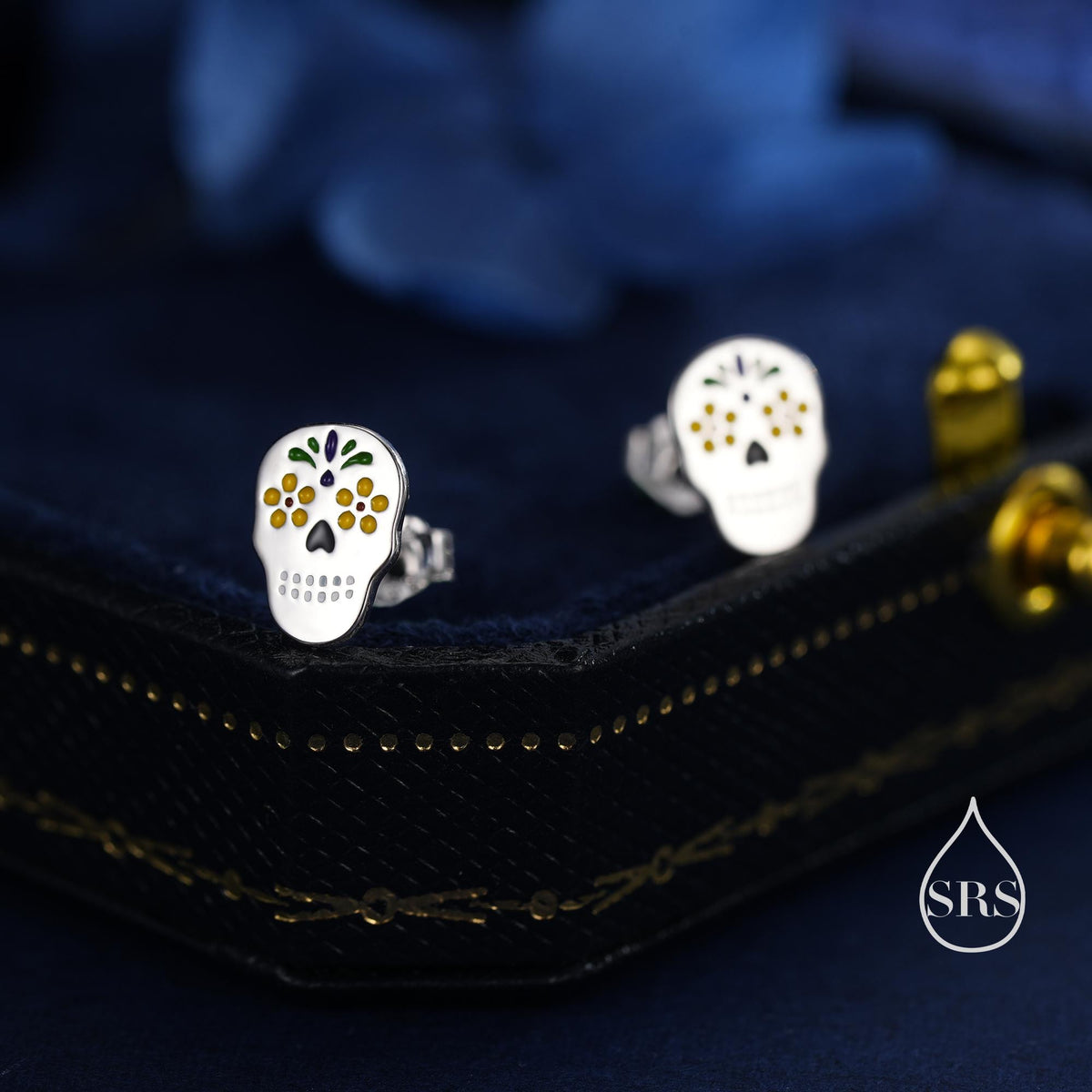 Enamel Sugar Skull Stud Earrings in Sterling Silver, Silver, Gold or Rose Gold, Sugar Skull Earrings, Day of the Dead Earrings, Halloween