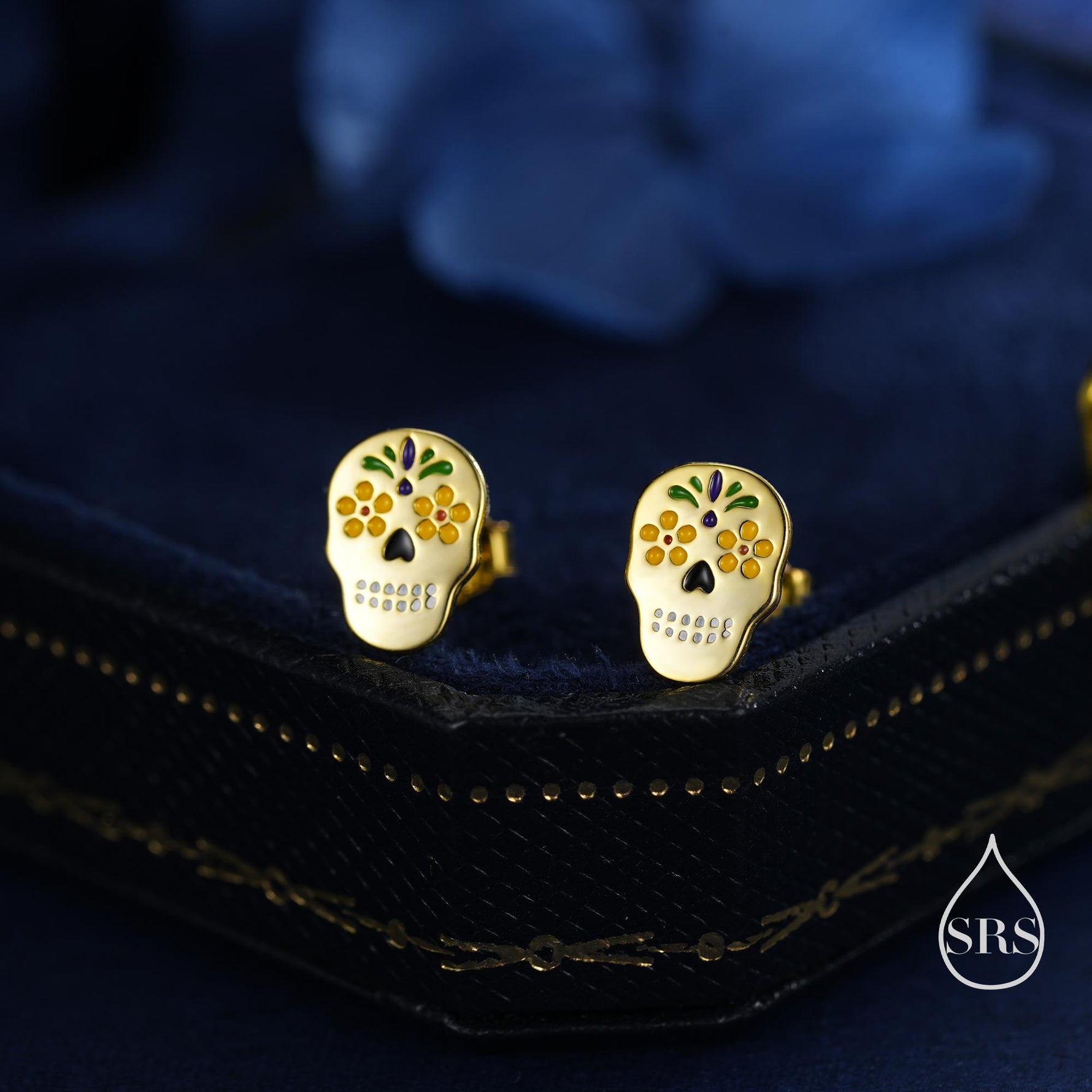 Enamel Sugar Skull Stud Earrings in Sterling Silver, Silver, Gold or Rose Gold, Sugar Skull Earrings, Day of the Dead Earrings, Halloween