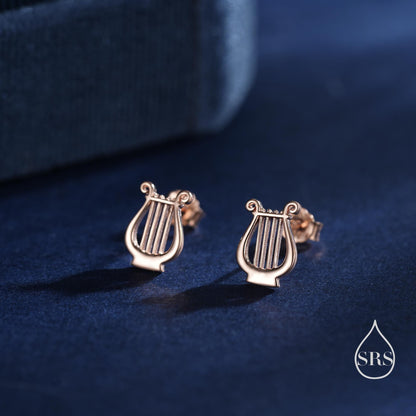 Lyre Stud Earrings in Sterling Silver, Silver, or Gold or Rose Gold, Silver Harp Stud Earrings , Fun Musical Instrument Earrings