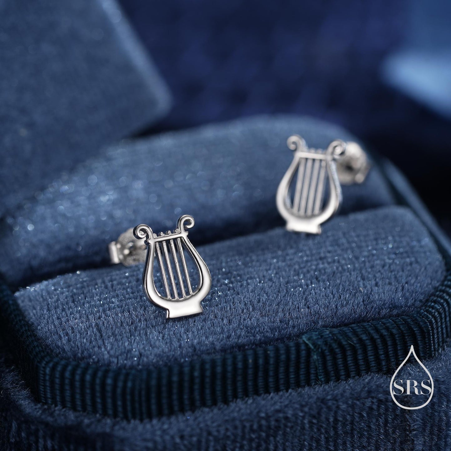 Lyre Stud Earrings in Sterling Silver, Silver, or Gold or Rose Gold, Silver Harp Stud Earrings , Fun Musical Instrument Earrings