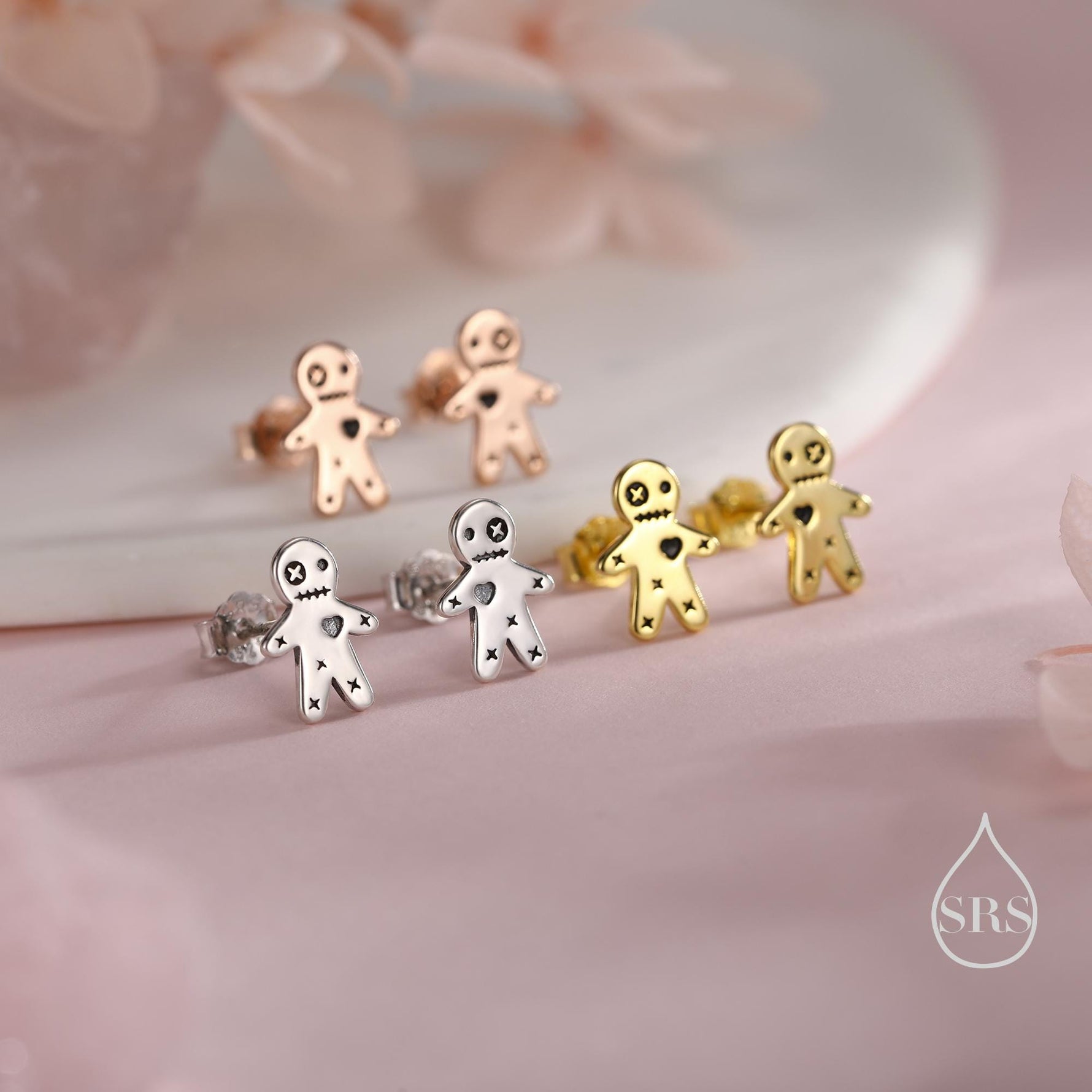 Tiny Voodoo Doll Stud Earrings in Sterling Silver, Oxidised Silver, Gold or Rose Gold, Creepy and Quirky, Halloween Earrings