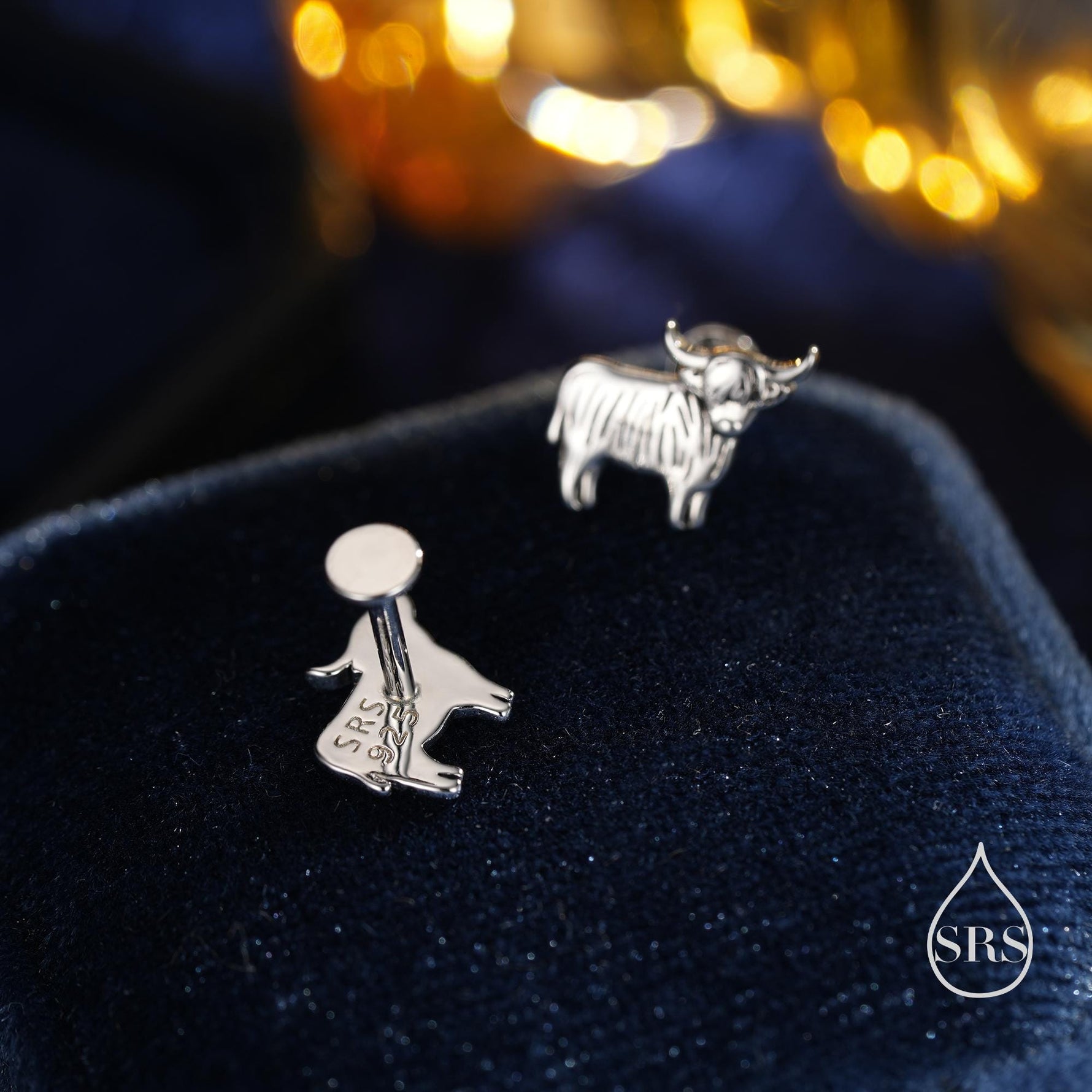 Small Pair of Highland Cow Internally Threaded Flat Back Earrings in Sterling Silver