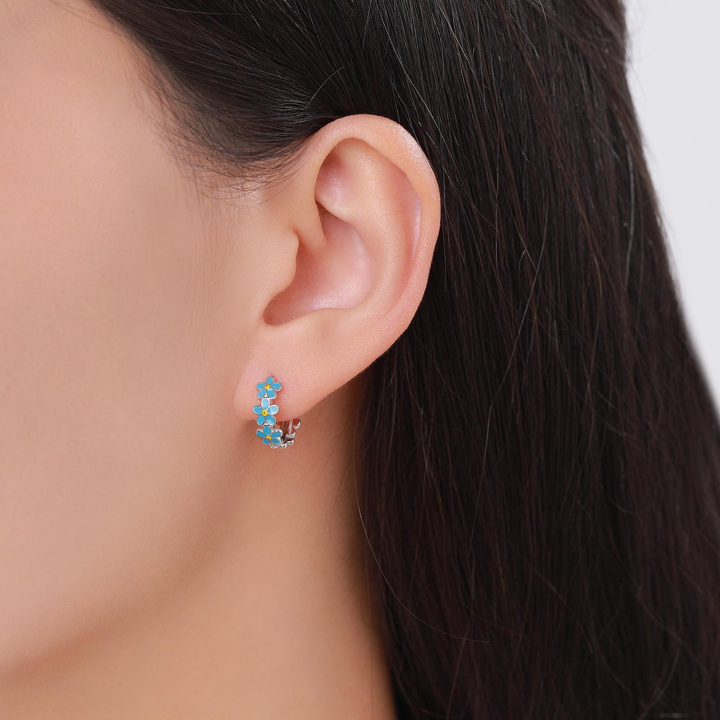 Dainty Forget Me Not Flower Motif Huggie Hoop in Sterling Silver, Enamel Flower hoop Earrings, Forget Me Not Floral Earrings