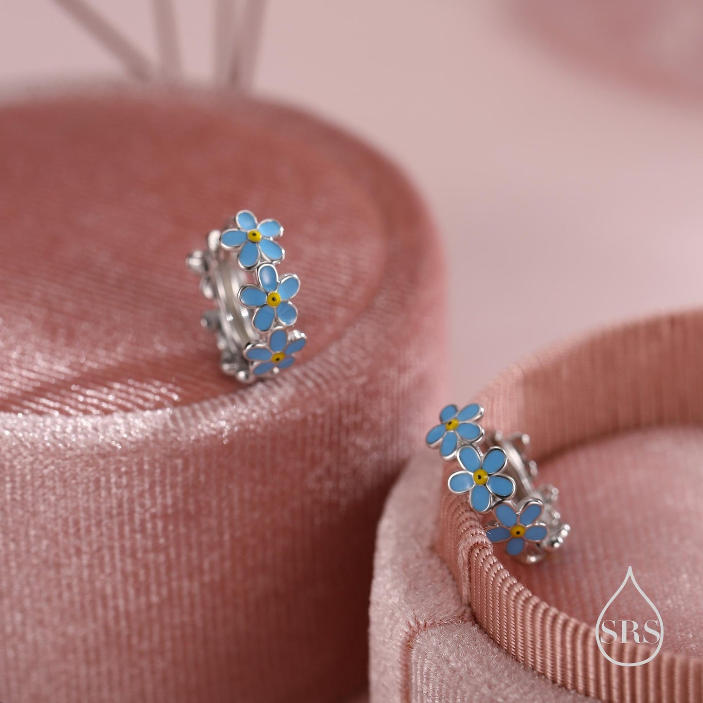 Dainty Forget Me Not Flower Motif Huggie Hoop in Sterling Silver, Enamel Flower hoop Earrings, Forget Me Not Floral Earrings