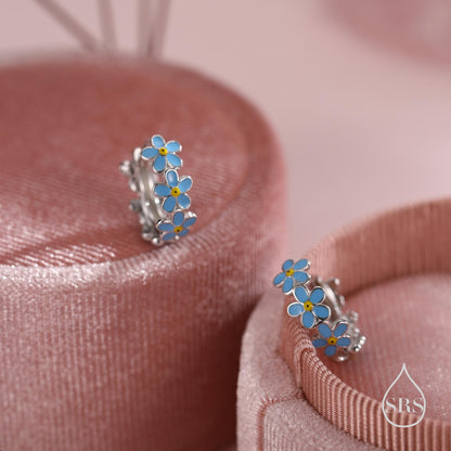 Dainty Forget Me Not Flower Motif Huggie Hoop in Sterling Silver, Enamel Flower hoop Earrings, Forget Me Not Floral Earrings