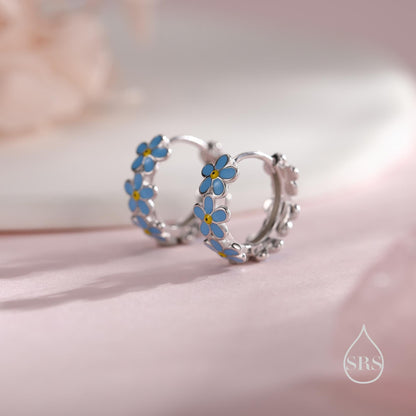 Dainty Forget Me Not Flower Motif Huggie Hoop in Sterling Silver, Enamel Flower hoop Earrings, Forget Me Not Floral Earrings