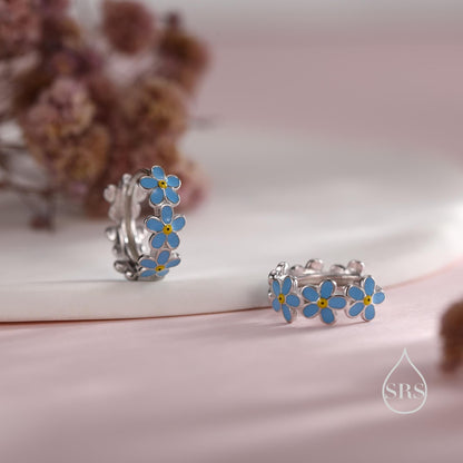 Dainty Forget Me Not Flower Motif Huggie Hoop in Sterling Silver, Enamel Flower hoop Earrings, Forget Me Not Floral Earrings