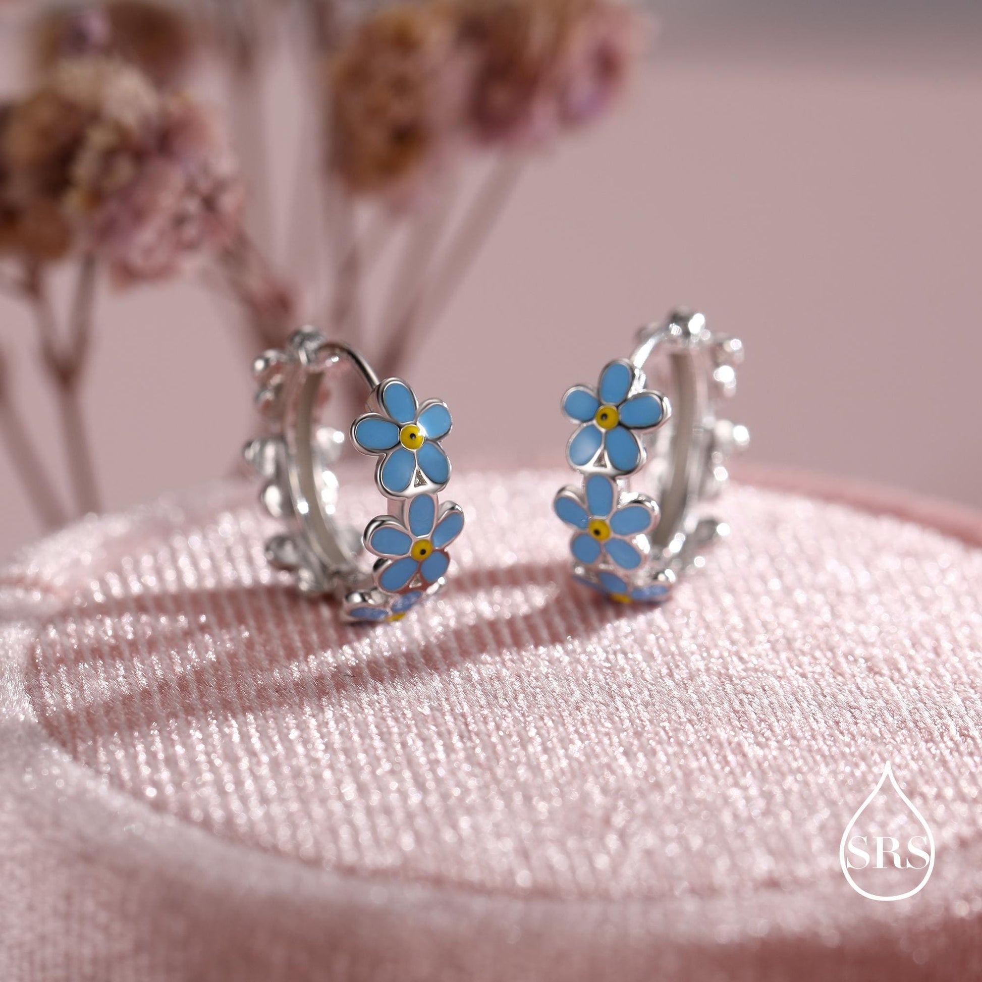 Dainty Forget Me Not Flower Motif Huggie Hoop in Sterling Silver, Enamel Flower hoop Earrings, Forget Me Not Floral Earrings