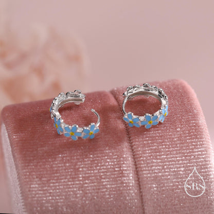 Dainty Forget Me Not Flower Motif Huggie Hoop in Sterling Silver, Enamel Flower hoop Earrings, Forget Me Not Floral Earrings