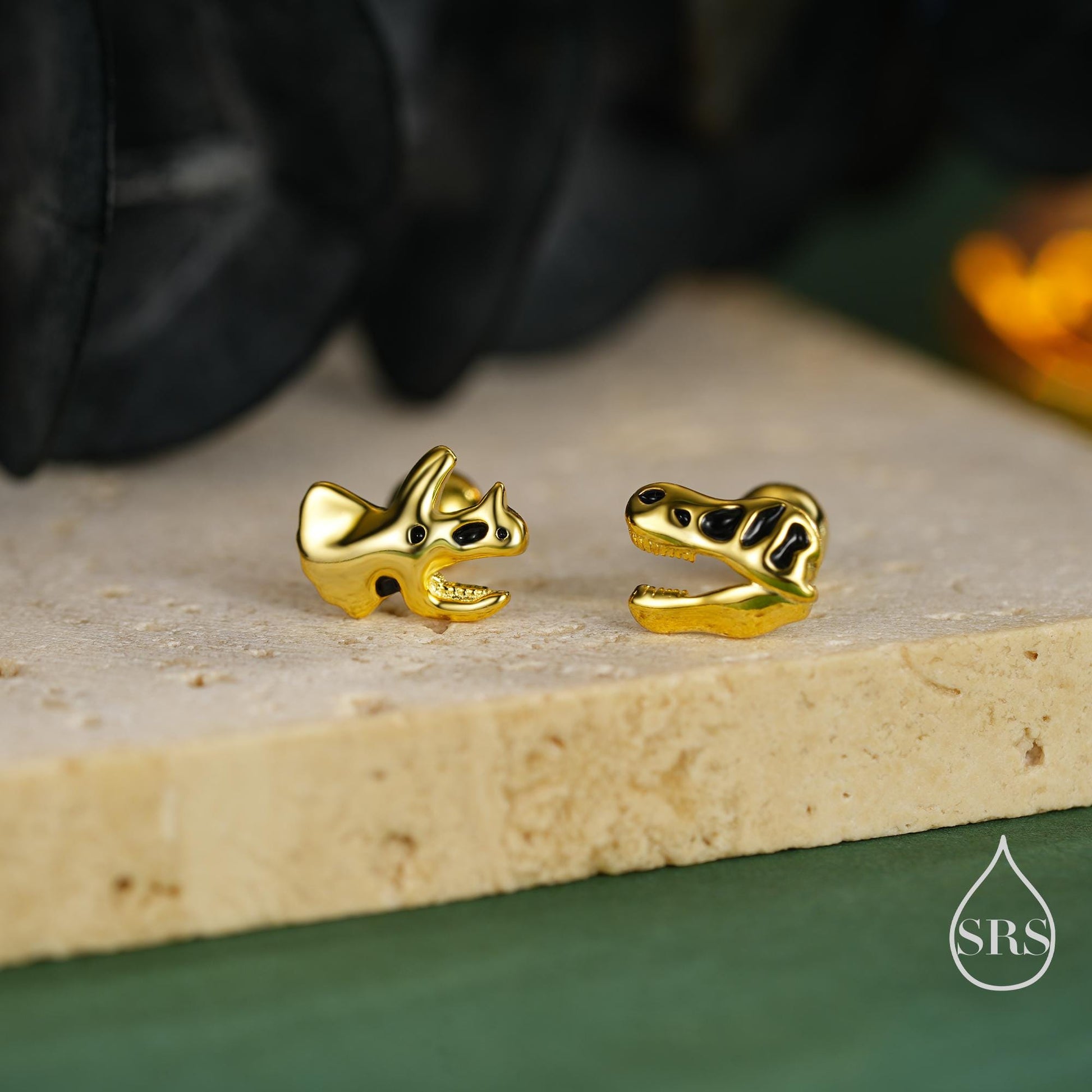 Internally Threaded Mismatched Dinosaur Fossil Flat Back/ Screw Back / Stud Earrings in Sterling Silver, Asymmetric Dinosaur Earrings