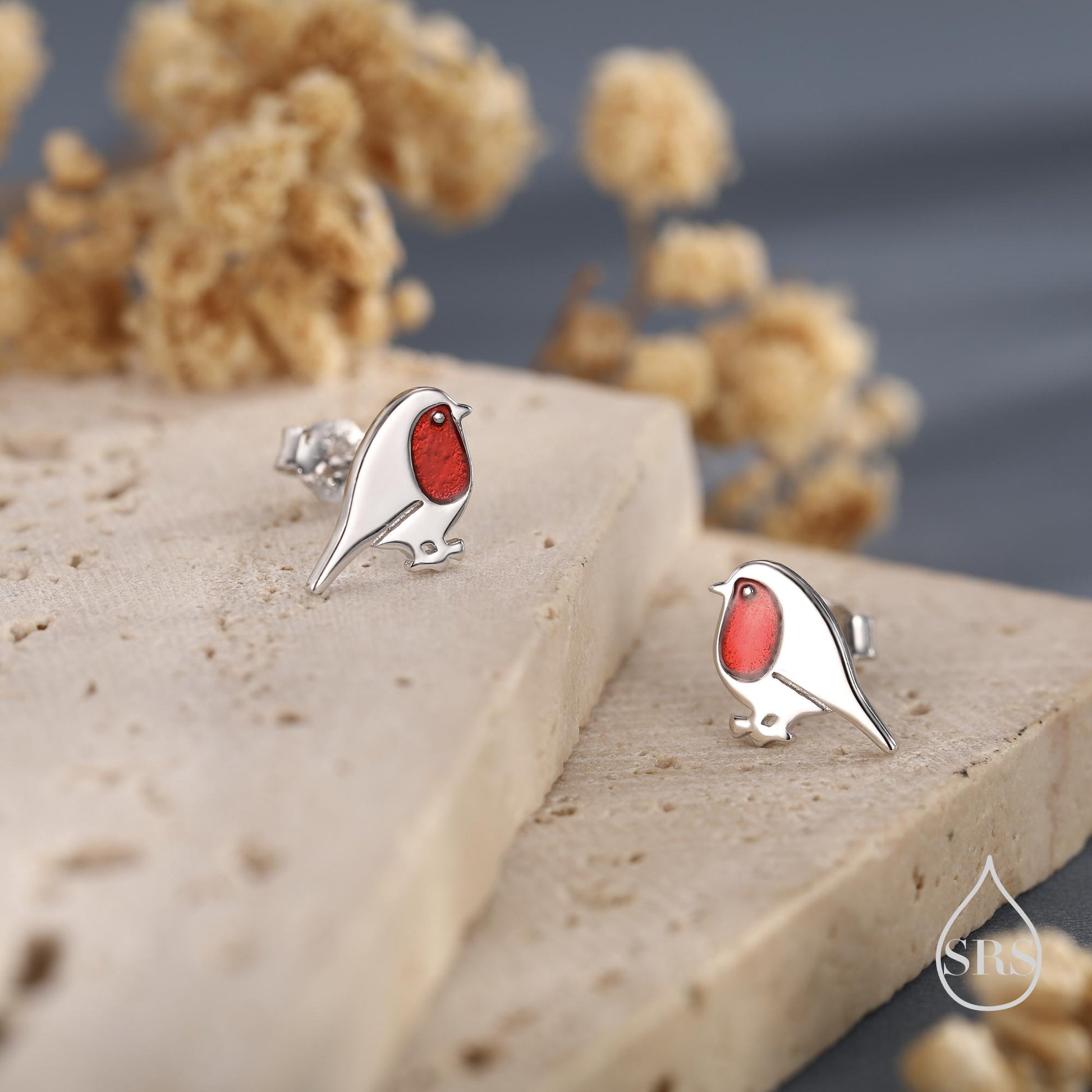 Enamel Robin Bird Stud Earrings in Sterling Silver – British Garden Bird, Nature-Inspired Animal Jewellery, Perfect Christmas Gift