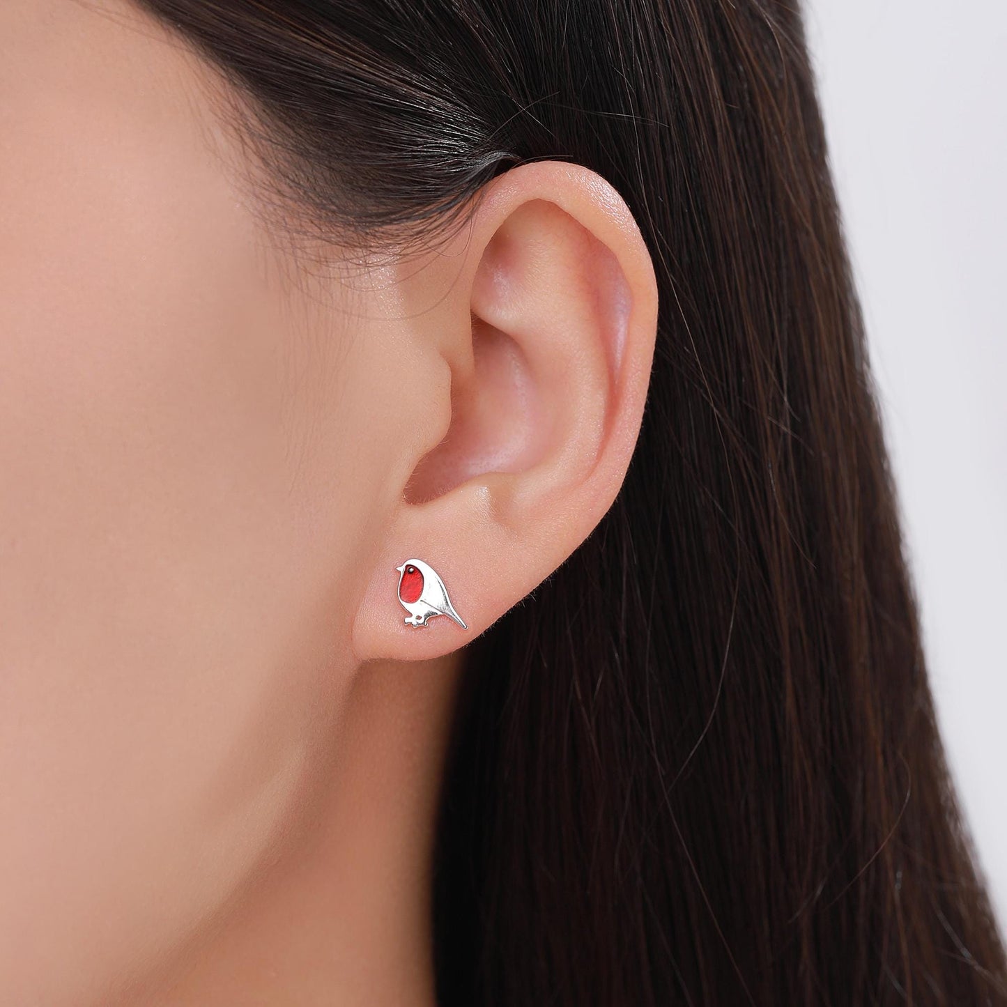Enamel Robin Bird Stud Earrings in Sterling Silver – British Garden Bird, Nature-Inspired Animal Jewellery, Perfect Christmas Gift