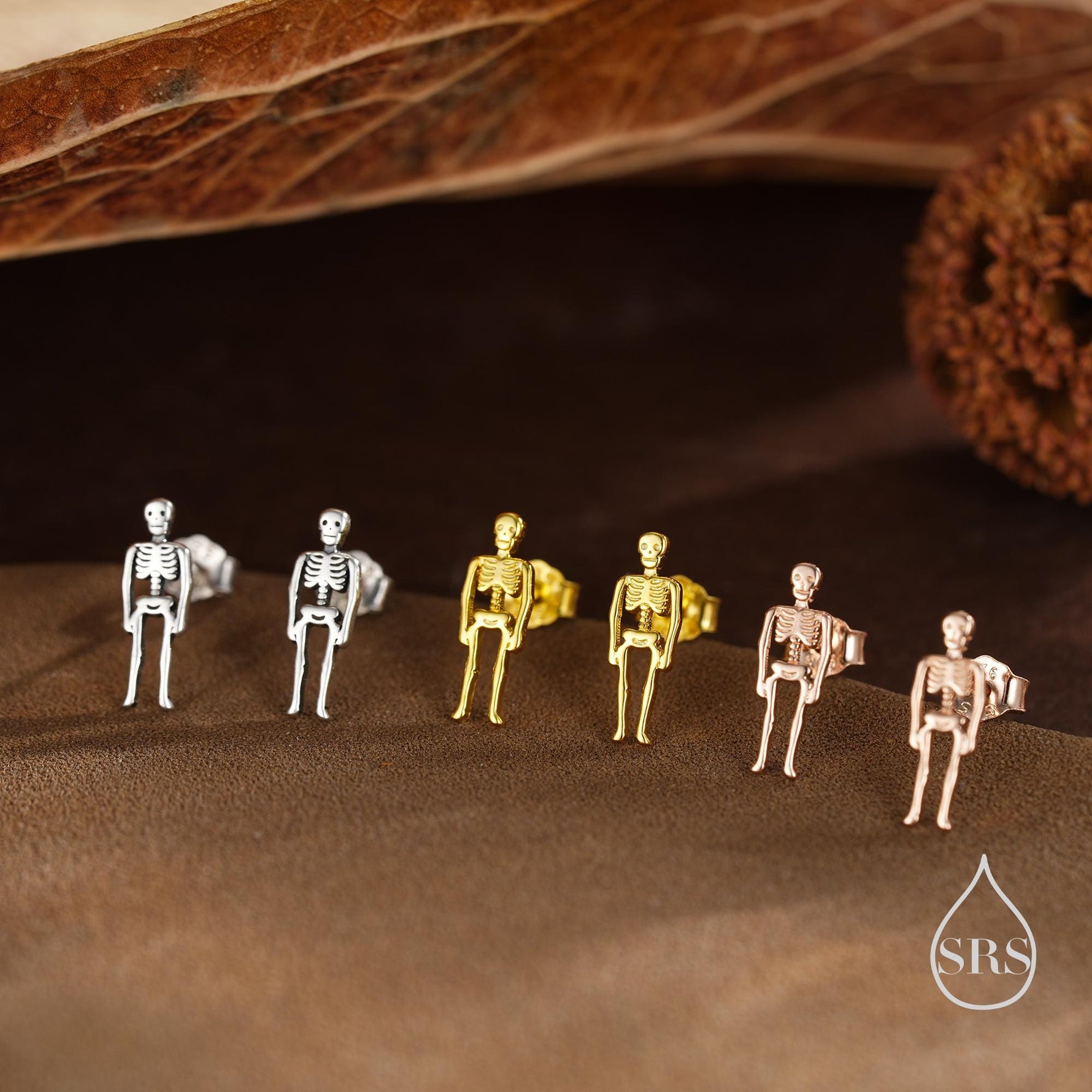 Sterling Silver Full Human Skeleton Stud Earrings – Oxidised Silver, Gold, or Rose Gold Finish, Quirky Science-Inspired Gothic Jewellery