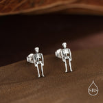 Sterling Silver Full Human Skeleton Stud Earrings – Oxidised Silver, Gold, or Rose Gold Finish, Quirky Science-Inspired Gothic Jewellery