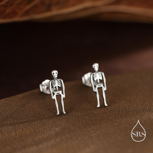 Sterling Silver Full Human Skeleton Stud Earrings – Oxidised Silver, Gold, or Rose Gold Finish, Quirky Science-Inspired Gothic Jewellery