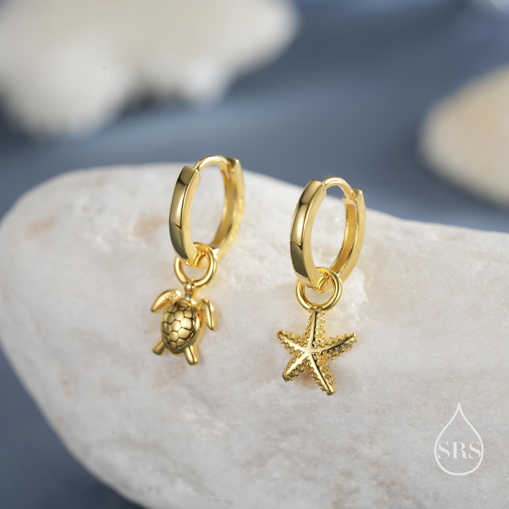 Sterling Silver Mismatched Sea Turtle and Starfish Huggie Hoops, Silver, Gold or Rose Gold, Detachable Turtle and Sea Star Hoop Earrings