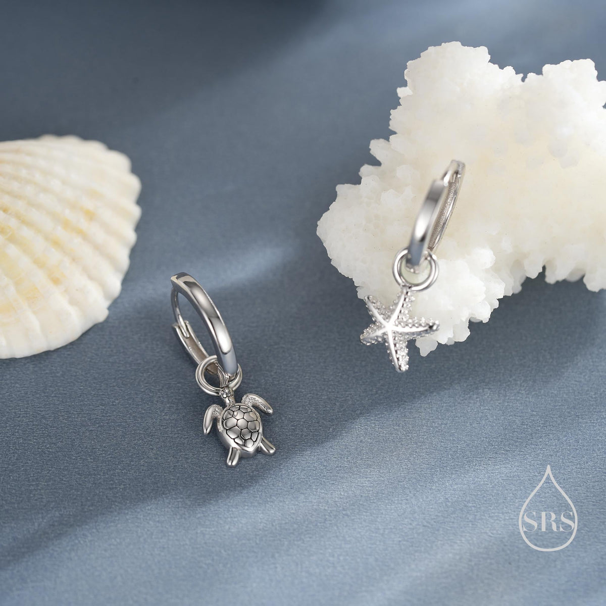 Sterling Silver Mismatched Sea Turtle and Starfish Huggie Hoops, Silver, Gold or Rose Gold, Detachable Turtle and Sea Star Hoop Earrings