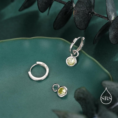 August Birthstone Peridot Green Crystal Drop Hoop Earrings in Sterling Silver, Detachable Dangle Earrings, Silver, Gold, Rose Gold