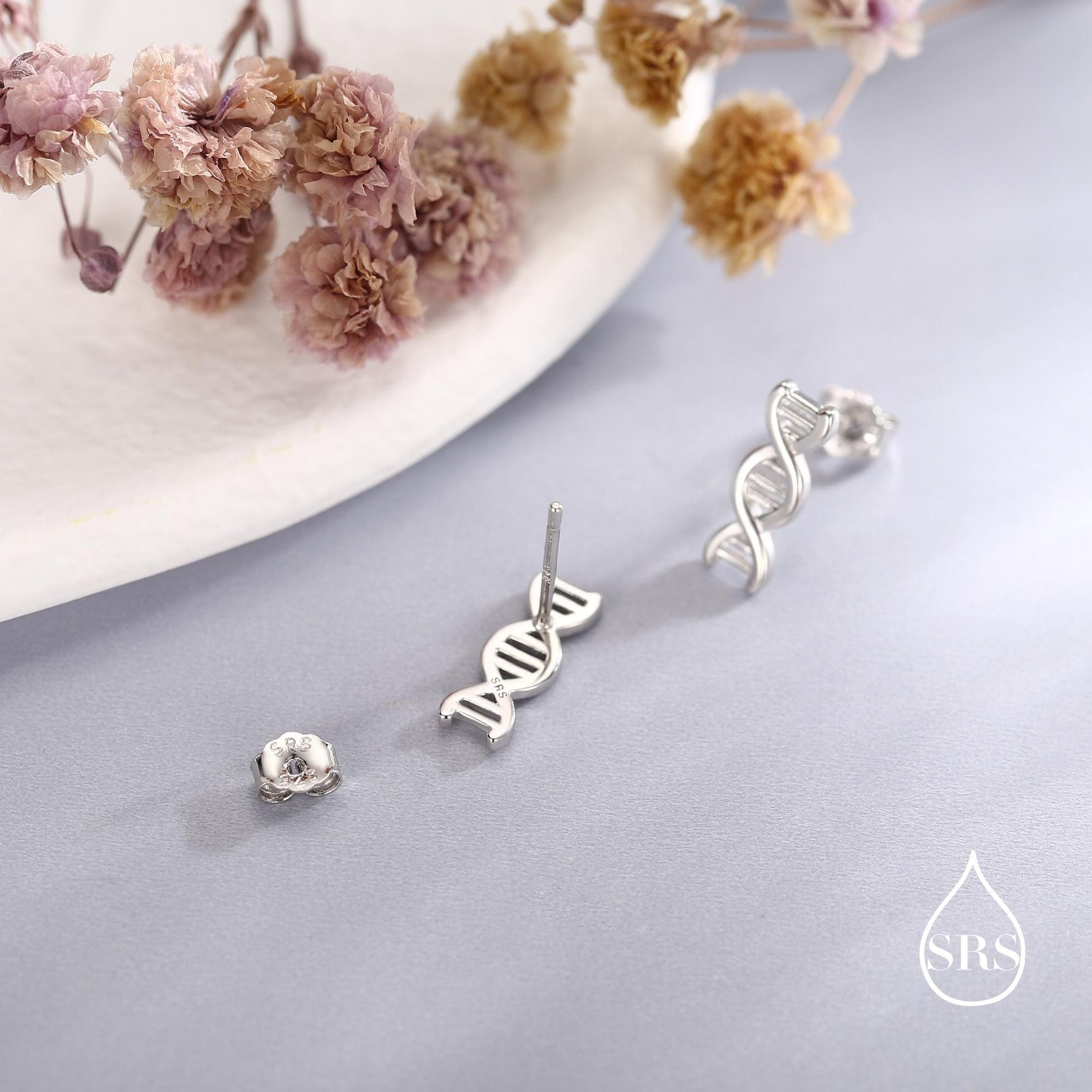 DNA Molecular Structure Stud Earrings in Sterling Silver, Available in Silver, Gold or Rose Gold Finish, Cute Fun Quirky Science Jewellery