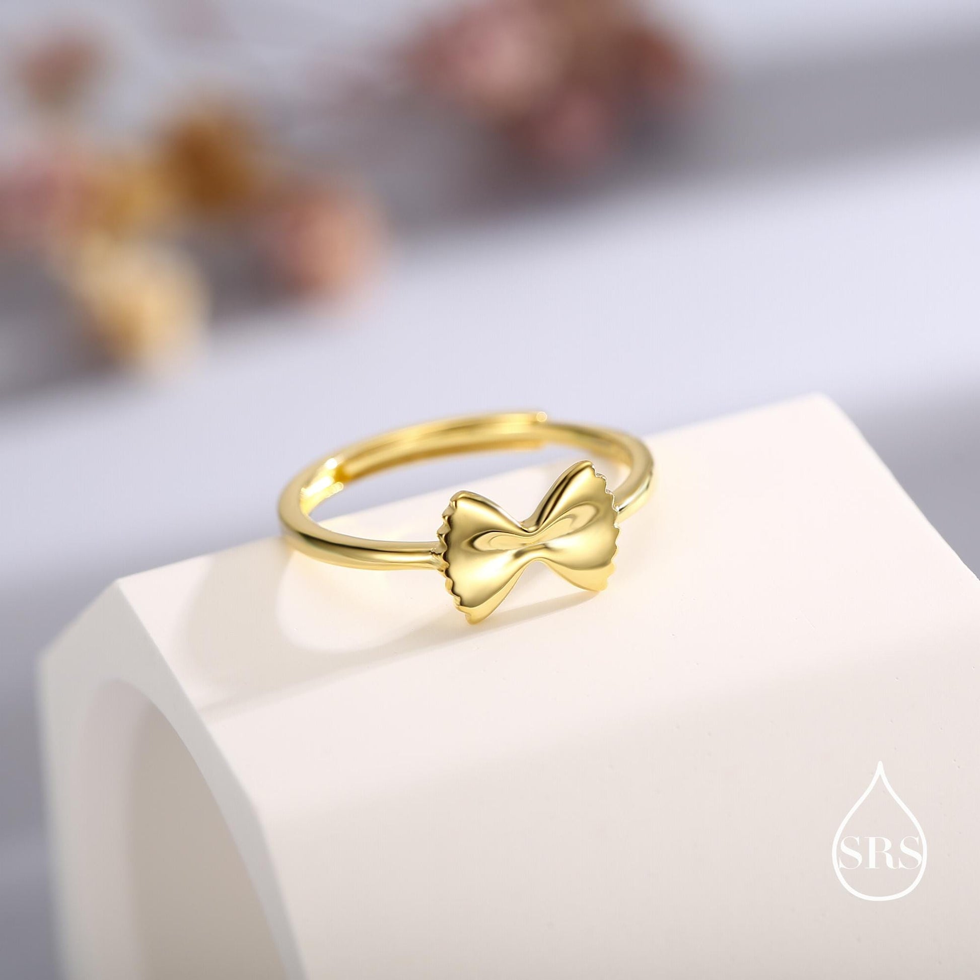 Sterling Silver Farfalle Pasta Ring, Silver or Gold Finish Adjustable Size, Food Jewellery, Pasta Ring, Fun and Quirky Design