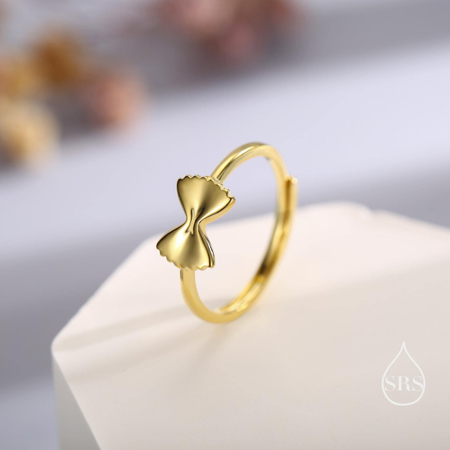 Sterling Silver Farfalle Pasta Ring, Silver or Gold Finish Adjustable Size, Food Jewellery, Pasta Ring, Fun and Quirky Design