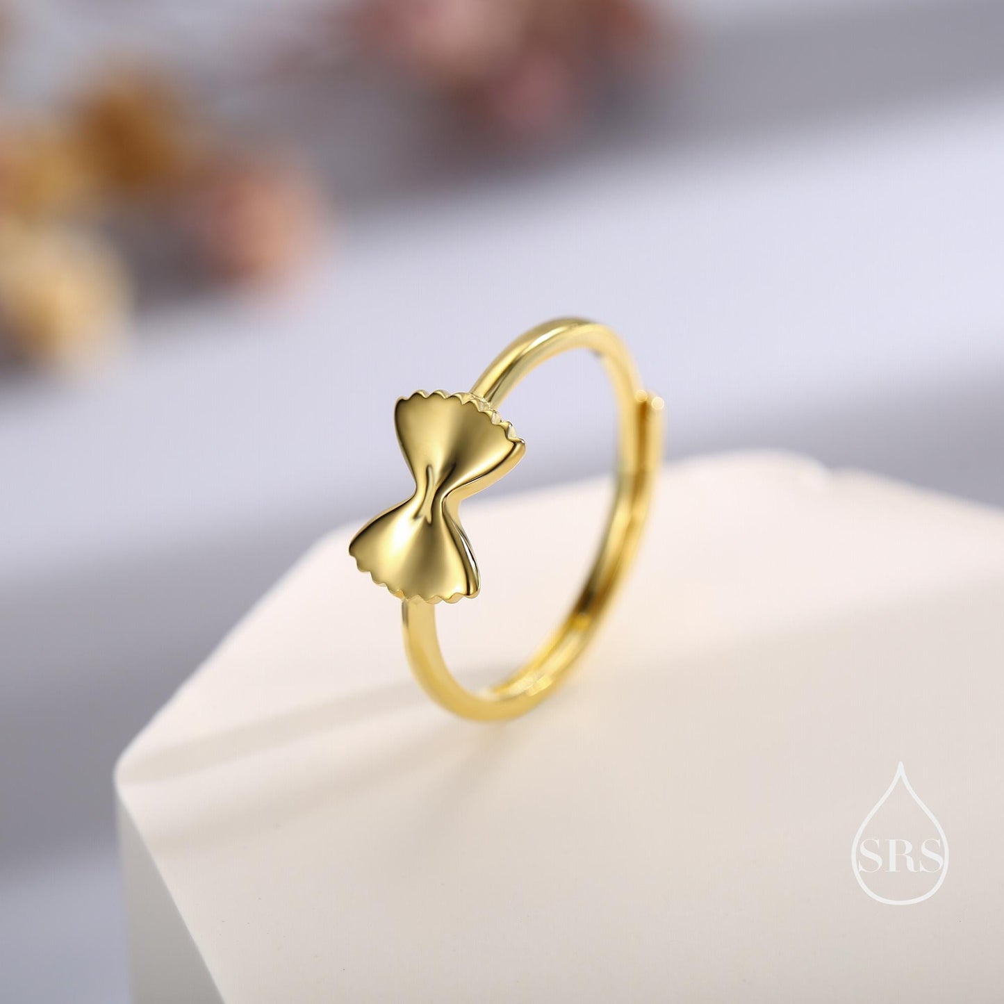 Sterling Silver Farfalle Pasta Ring, Silver or Gold Finish Adjustable Size, Food Jewellery, Pasta Ring, Fun and Quirky Design