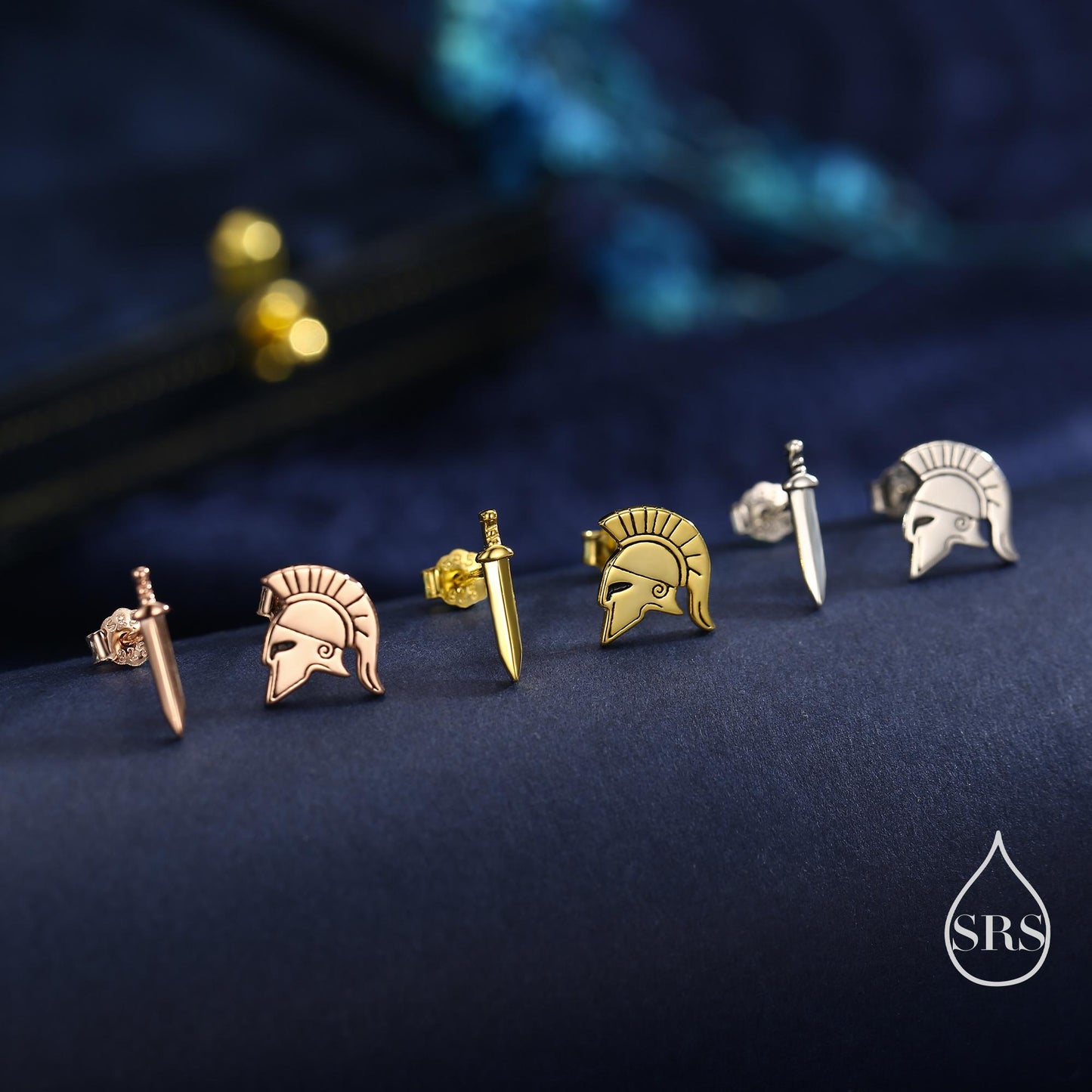 Sterling Silver Mismatched Spartan Helmet and Sword Stud Earrings, Silver or Gold or Rose Gold, Minimalist Asymmetric Roman Warrior Design