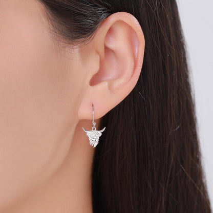 Highland Cow Drop Dangling Earrings in Sterling Silver, Available in Silver, Gold or Rose Gold, Scottish Inspired Highland Cow Hook Earrings